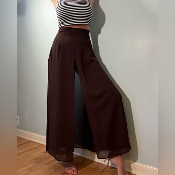 MSK Chocolate Wide-Leg Chiffon Women's Pants, Brown Panel Overlay Dress Pants M - Picture 15 of 16